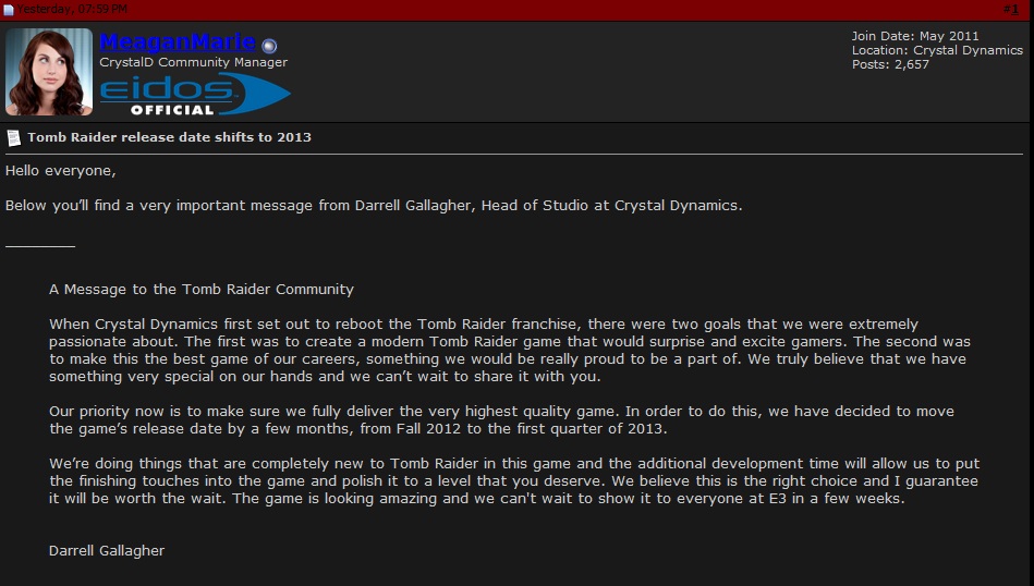 Este es el comunicado directamente capturado del foro de EIDOS. El mensaje se convirtió en noticia en la web de Tomb Raider